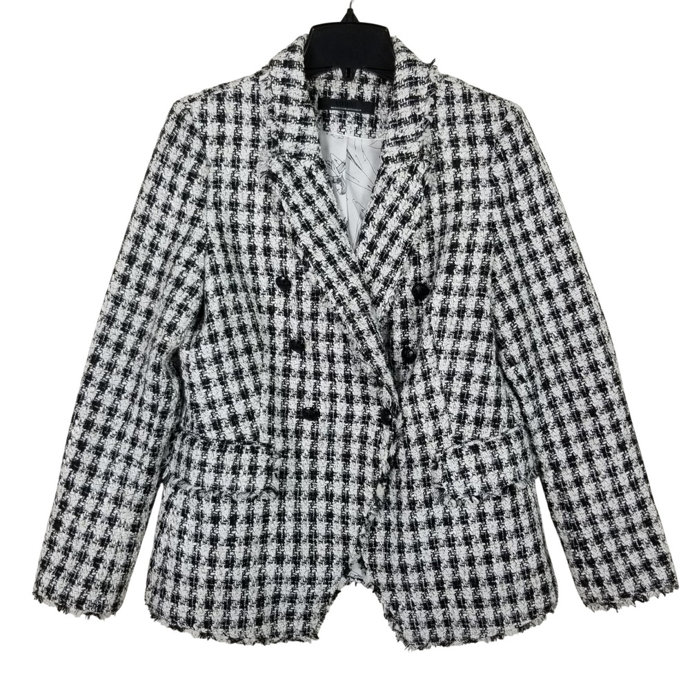 White House Black Market Blazer Women 10 Black White Houndstooth Tweed Fringe